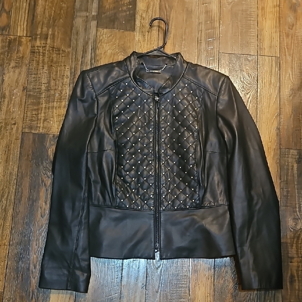 White House Black‎ Market Women's Studded, Quilted Black Leather Jacket.